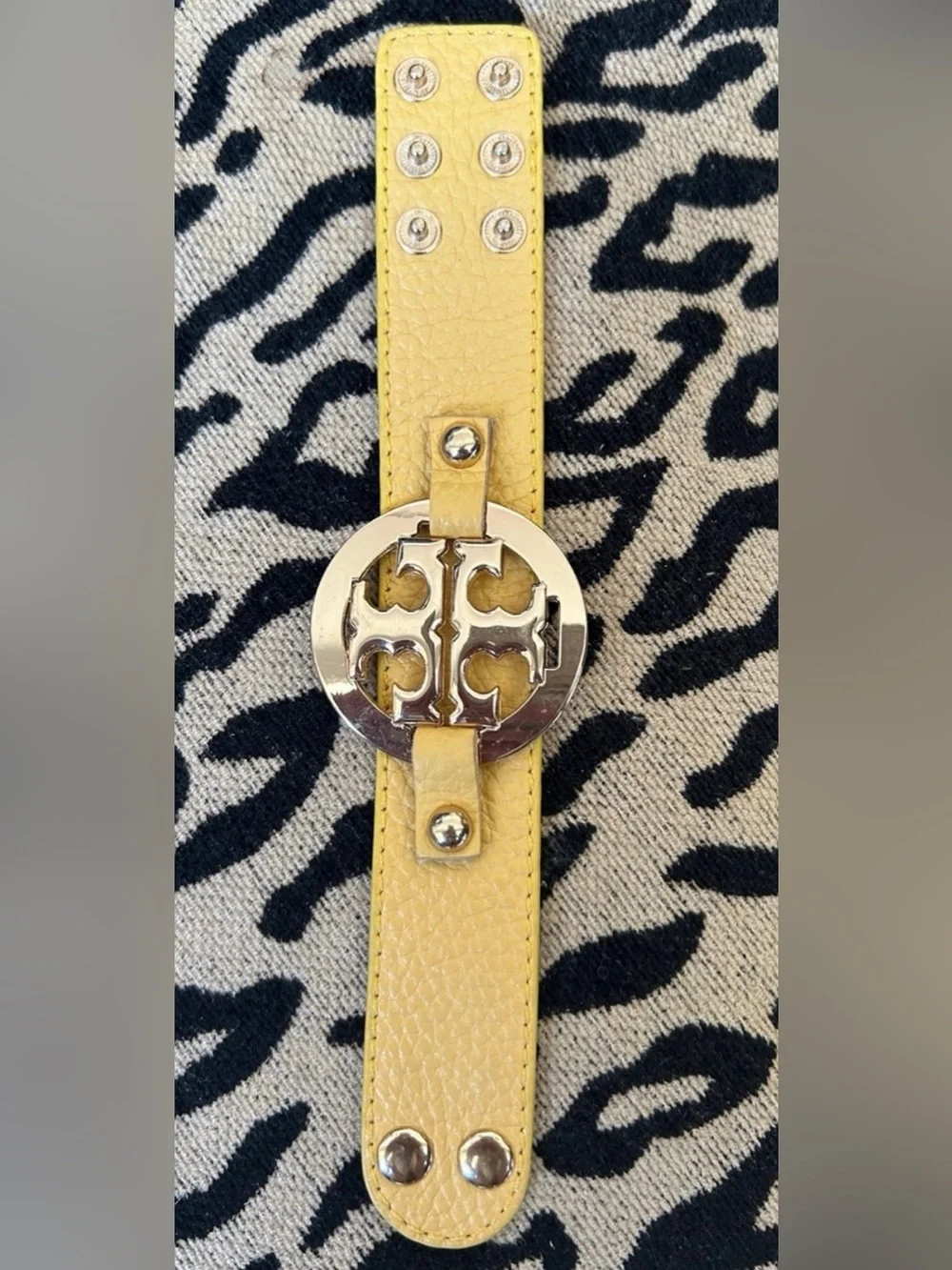 Upcycled Yellow Leather Logo Buckle Belt with Gold Hardware